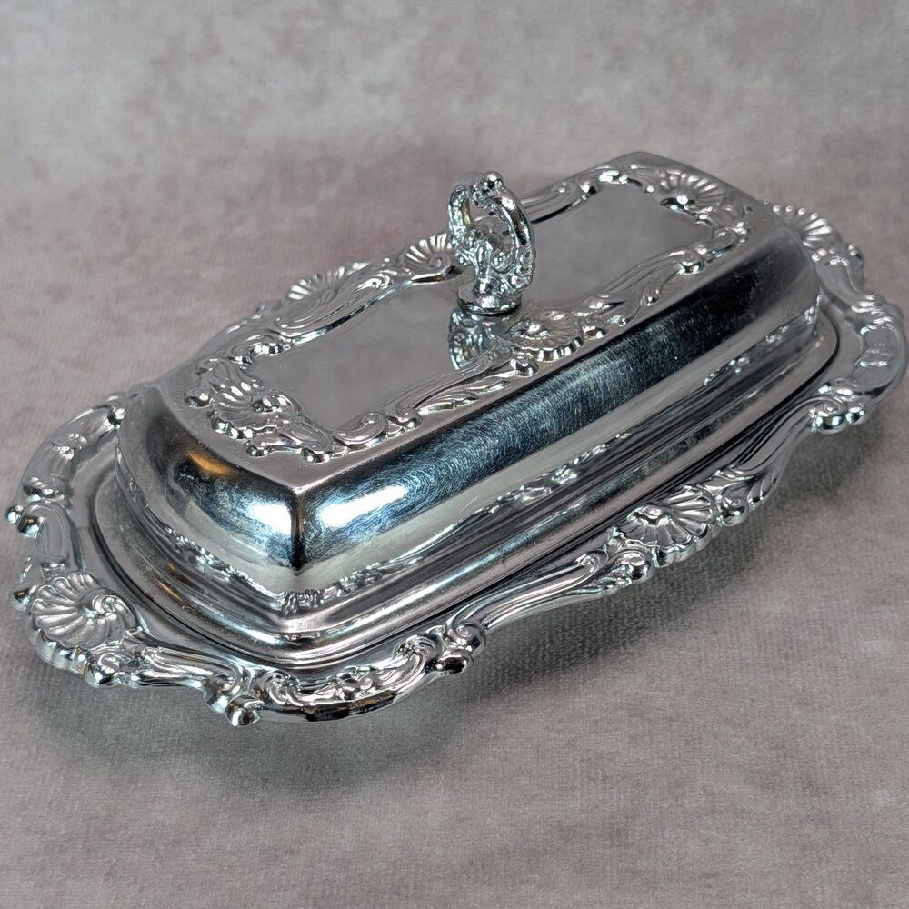 Vintage Ornate Silver Tone Dome Covered Butter Dish Shell Scroll Pattern Handle